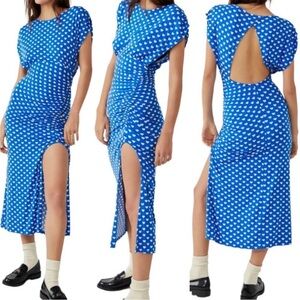 Free People Lakeside Heart Print Midi Dress Blue White Feminine Romantic No Size